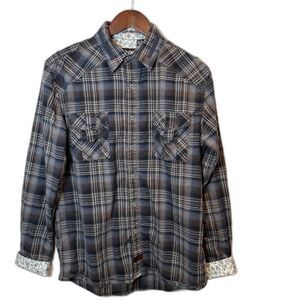 Fender Blue Brown Plaid Reversible Cuff Button Up Men's Shirt Size Medium